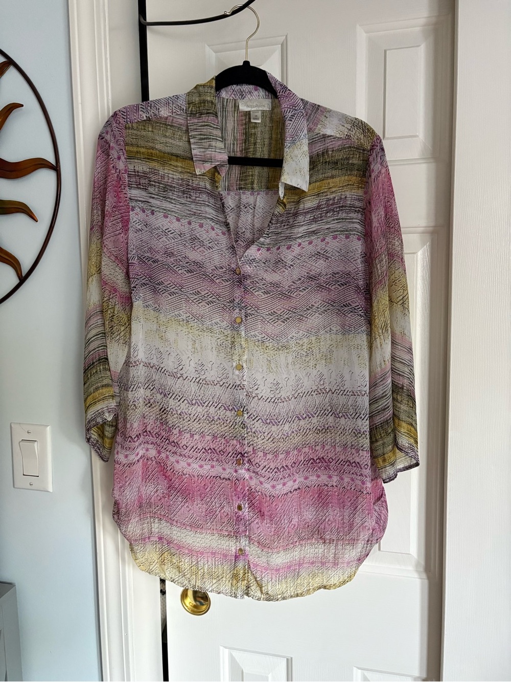 Dress Barn Pink, Green & Cream Patterned Button-Down Blouse